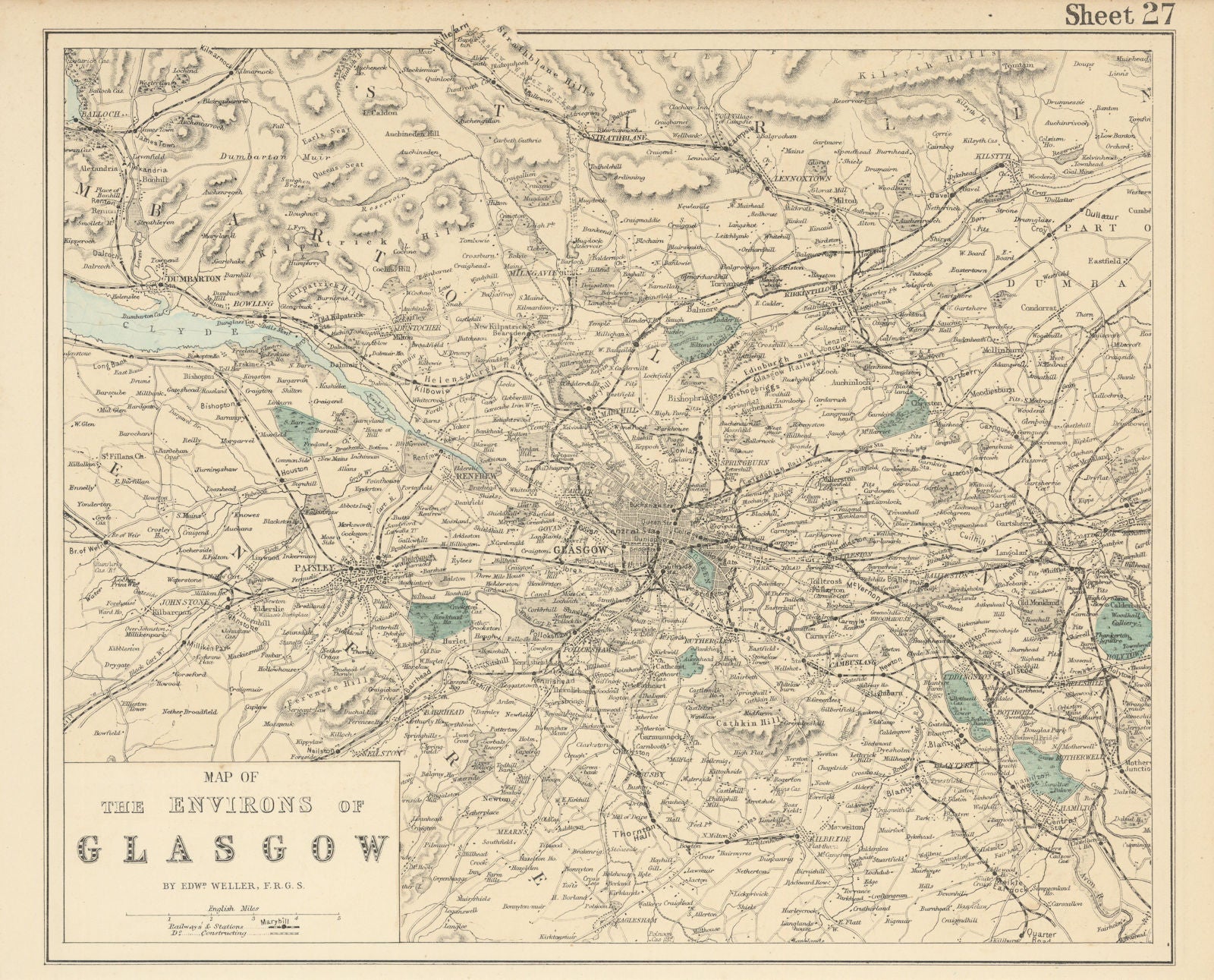 GLASGOW & environs Lanark Renfrew Paisley antique map by GW BACON 1883 old